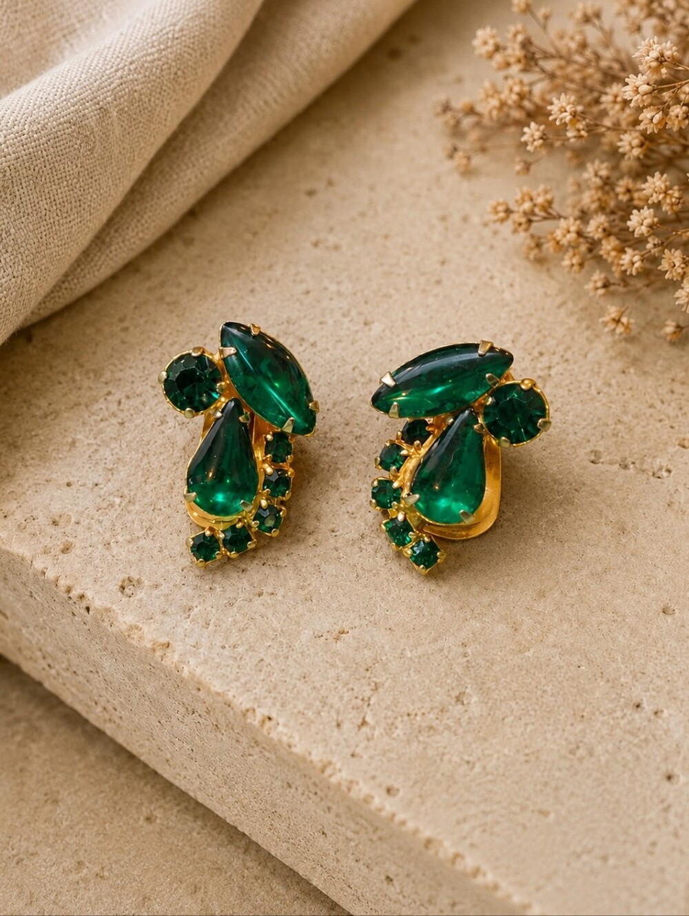 Vintage Emerald Green Rhinestone Clip-On Earrings | Mid-Century Glamour